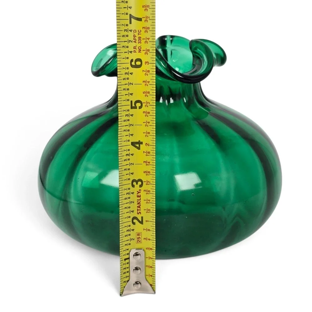 Vintage 1940s Beacon Glass Emerald Green Onion Vase Ruffled Rim Hand Blown